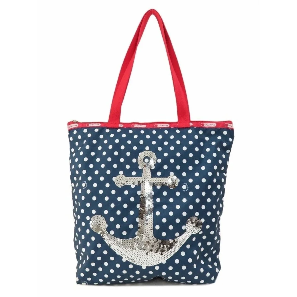 LeSportsac Tote Bag‎ Polka Dots Anchor Sequins Navy Red White Beach Nautical Zip